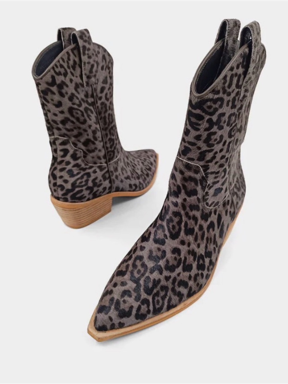 ShuShop Gray and Black Leopard Print Western Ankle Boot